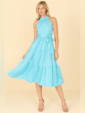 Aqua Blue Polka Dot Halter Midi Dress Tiered Waist Tie Dress Elegant Summer